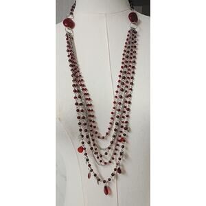 Red Stone & Silver Multi-Layered Long Necklace - NWOT